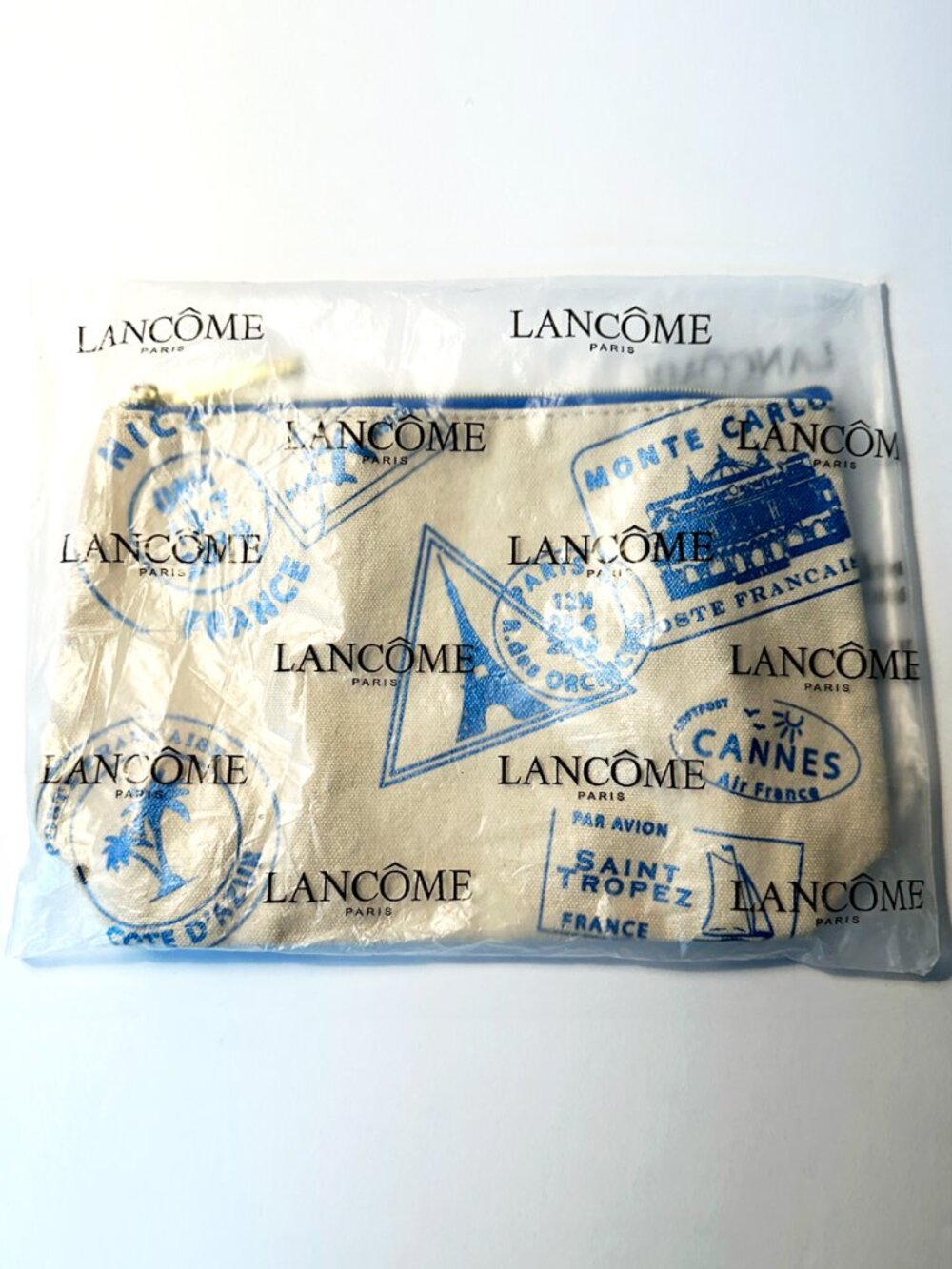 Lancome Paris Canvas Cosmetic Travel Bag Blue on Beige NEW & SEALED